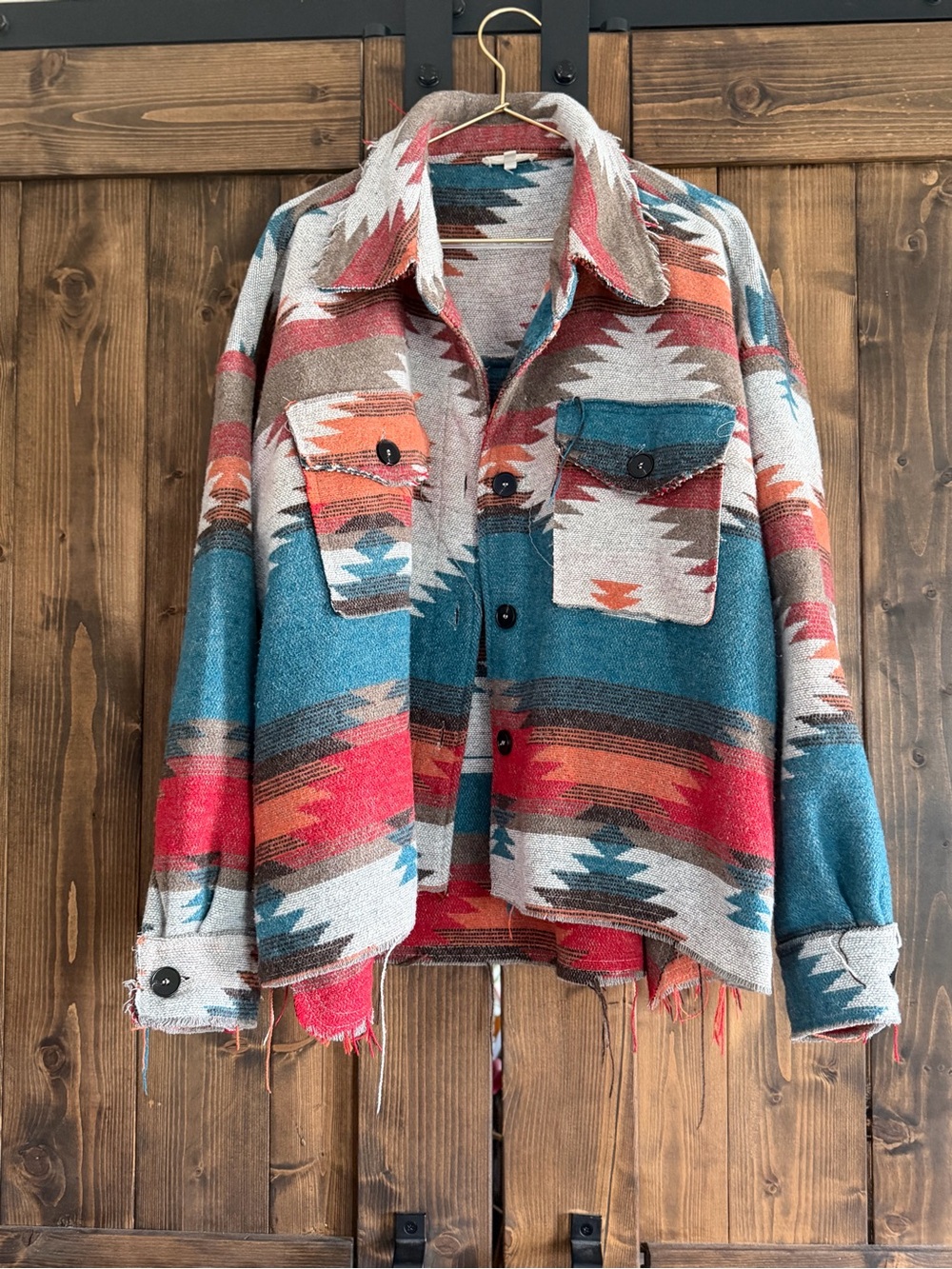 LA MIEL Multicolor Aztec Pattern Shacket — Teal, Red, Beige